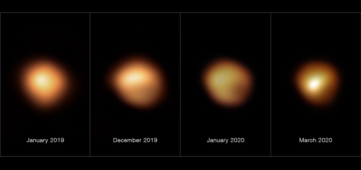These images, taken with the SPHERE instrument on ESO’s Very Large Telescope, show the surface of the red supergiant star Betelgeuse during its unprecedented dimming. Credit: ESO/M. Montargès et al.
