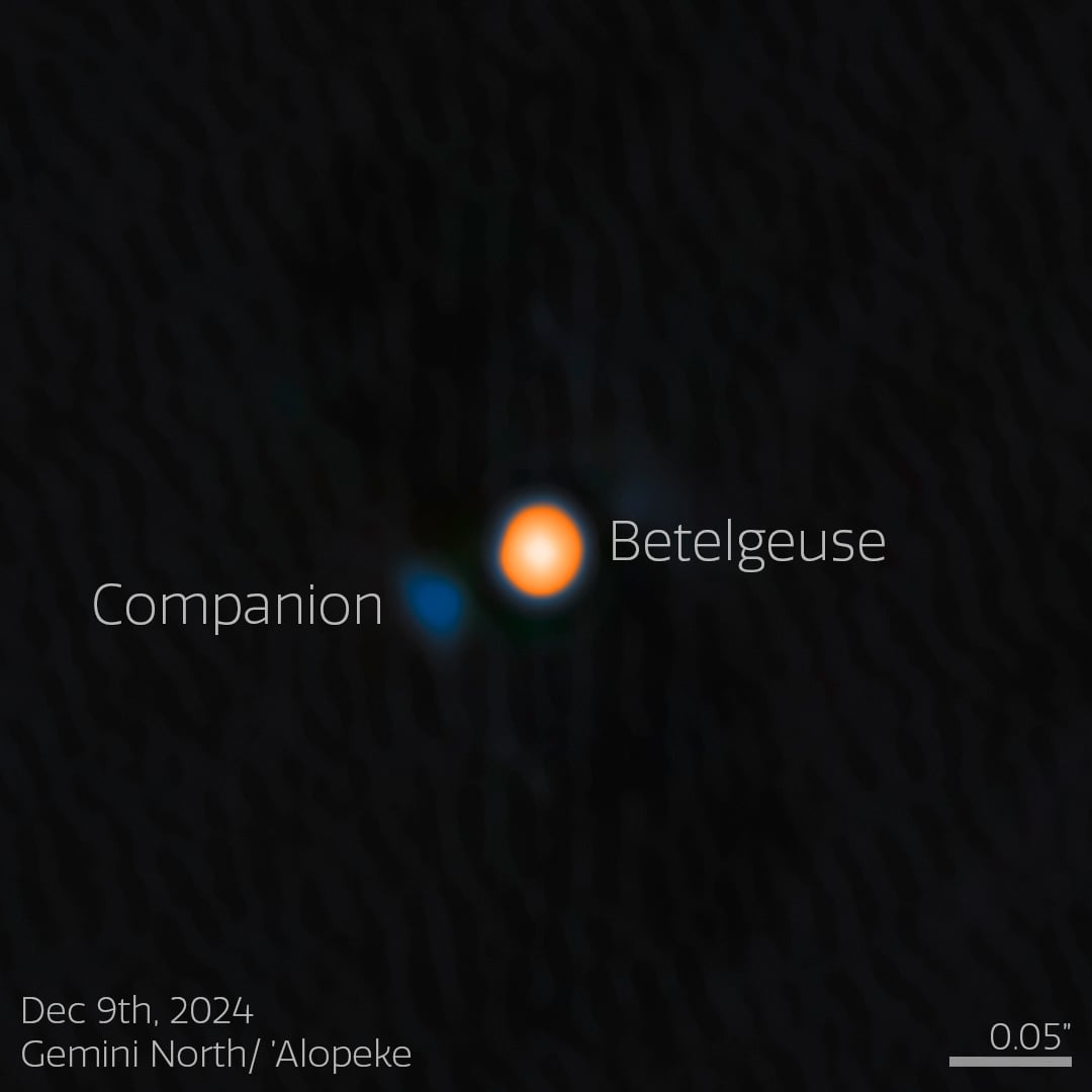In 2024 (results published in 2025), the Gemini North observatory captured an image of Betelgeuse's companion star. Credit: International Gemini Observatory/NOIRLab/NSF/AURA; Image Processing: M. Zamani (NSF NOIRLab)