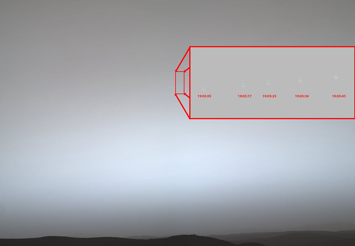 This image includes annotations showing the local solar time on Mars during which the five individual images that captured the occultation were taken. Credit: NASA/JPL-Caltech/ASU/MSSS/SSI