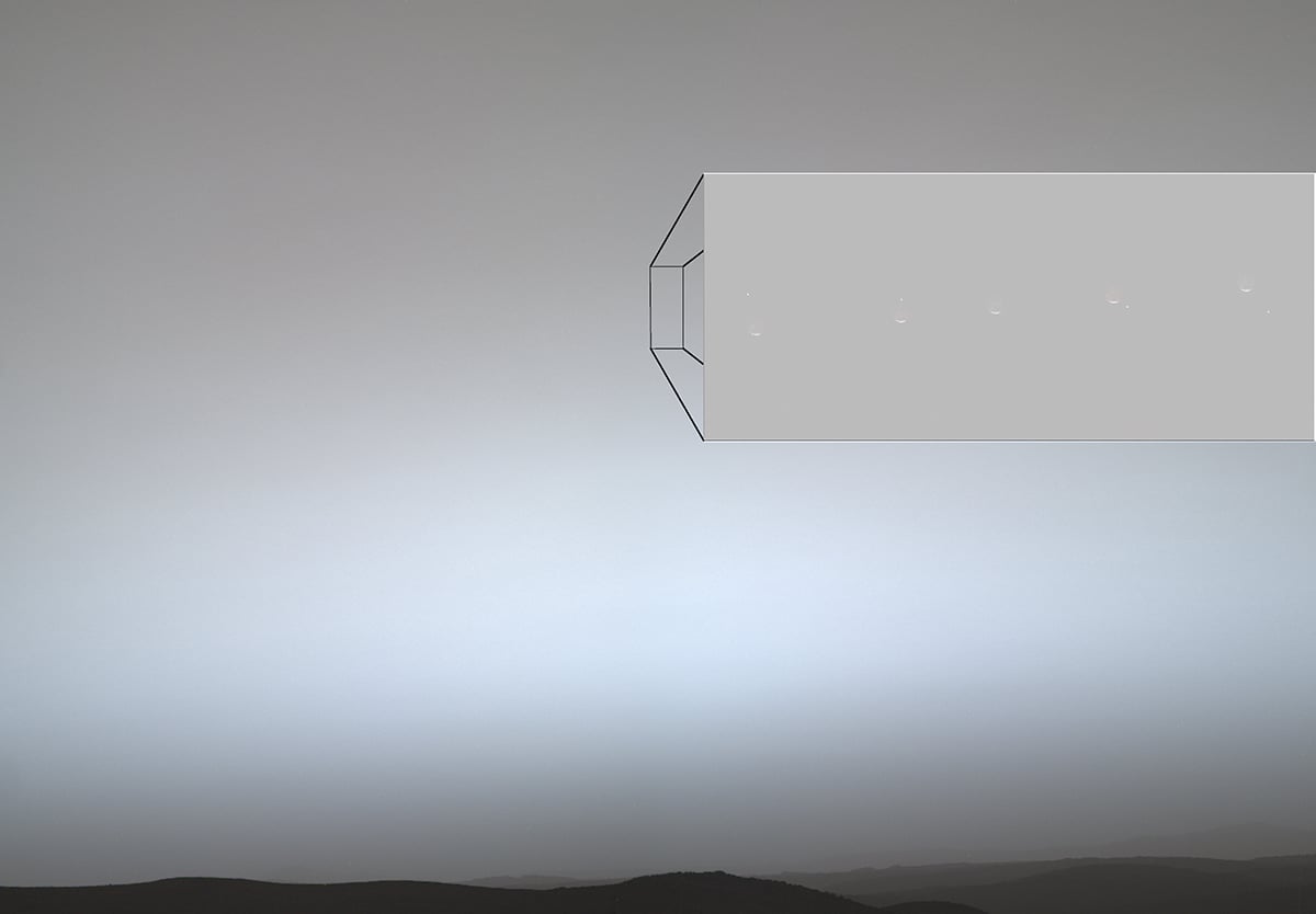 An annotated composite of nine images taken by the Mastcam-Z instrument aboard Perseverance on July 2, 2026. The inset on the upper right, comprised of five images, shows Earth, the small bright dot moving from upper left to lower right, passing behind the Martian moon Phobos. Credit: NASA/JPL-Caltech/ASU/MSSS/SSI