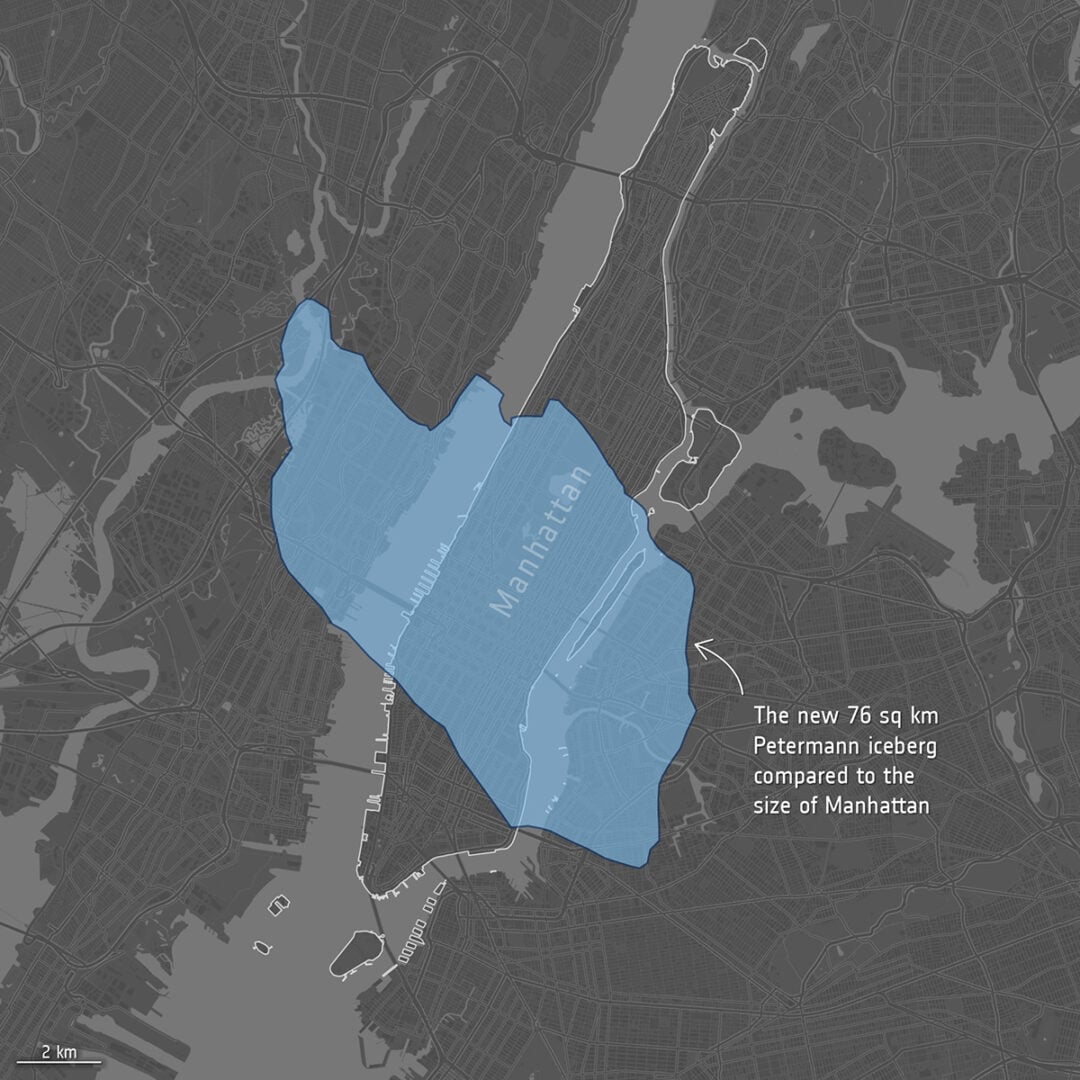 Size of new iceberg calved from Petermann Glacier. Credit: ESA