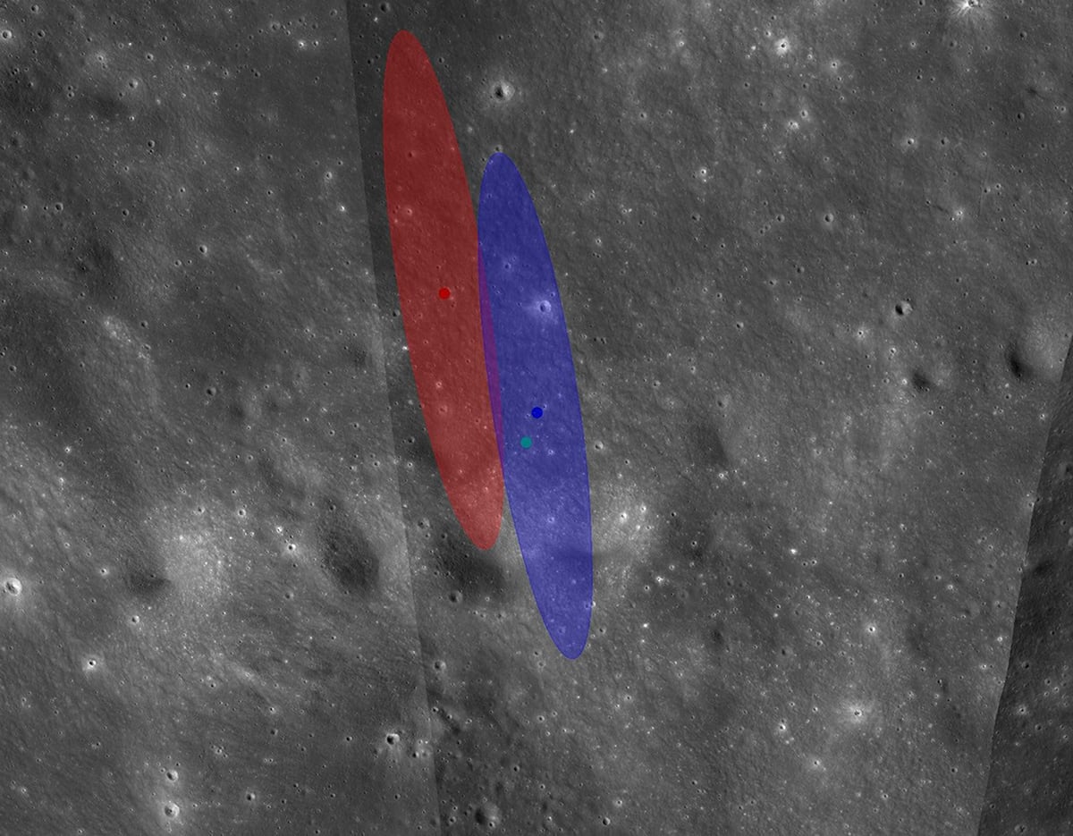 This image from NASA’s Lunar Reconnaissance Orbiter shows two oval regions where the Falcon 9 upper stage was likely to impact the Moon, based on calculations by engineers with NASA’s Center for Near Earth Object Studies. Credit: NASA/JPL-Caltech