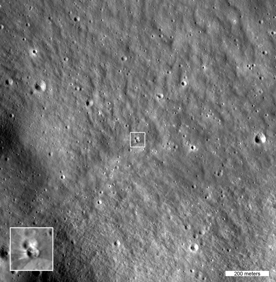 The box in the center of the image highlights two small craters; the lower crater formed on August 5th when a SpaceX Falcon 9 upper stage impacted the Moon. The inset (lower left) shows details of the new crater. Credit: NASA/GSFC/Intuitive Machines