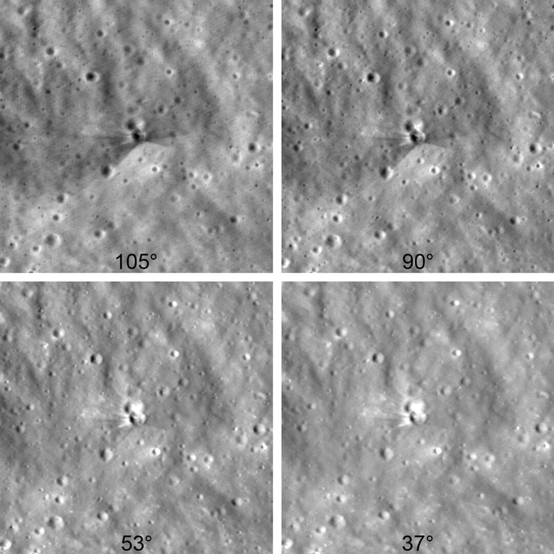 These images were taken by NASA’s Lunar Reconnaissance Orbiter from different viewing angles, bringing out different features. Credit: NASA Goddard/Intuitive Machines