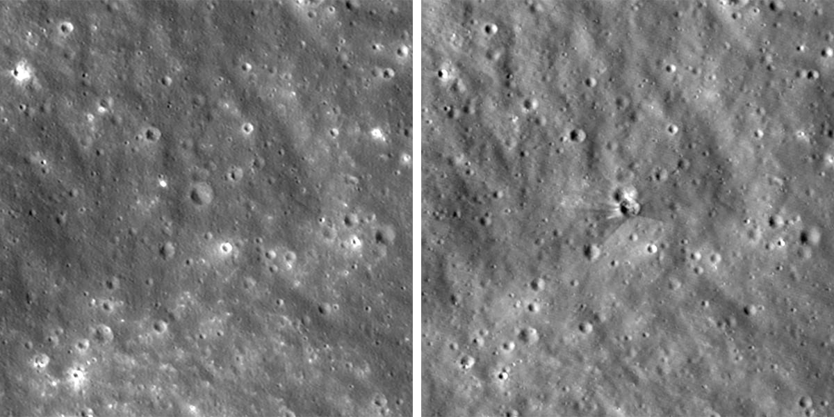 Before (left) and after(right) view of the crater formed after a Falcon 9 upper stage struck the Moon’s surface on Aug. 5, 2026. Credit: NASA Goddard/Intuitive Machines