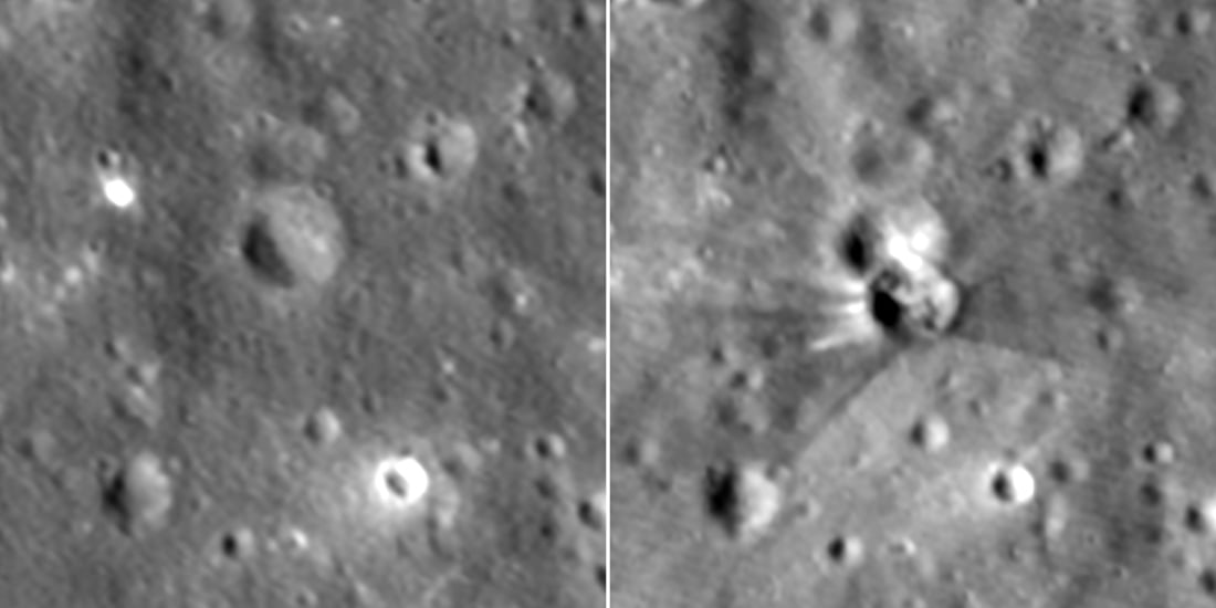 A close-up view of the new impact crater (right) captured by the LROC Narrow Angle Camera. Credit: NASA/GSFC/Intuitive Machines