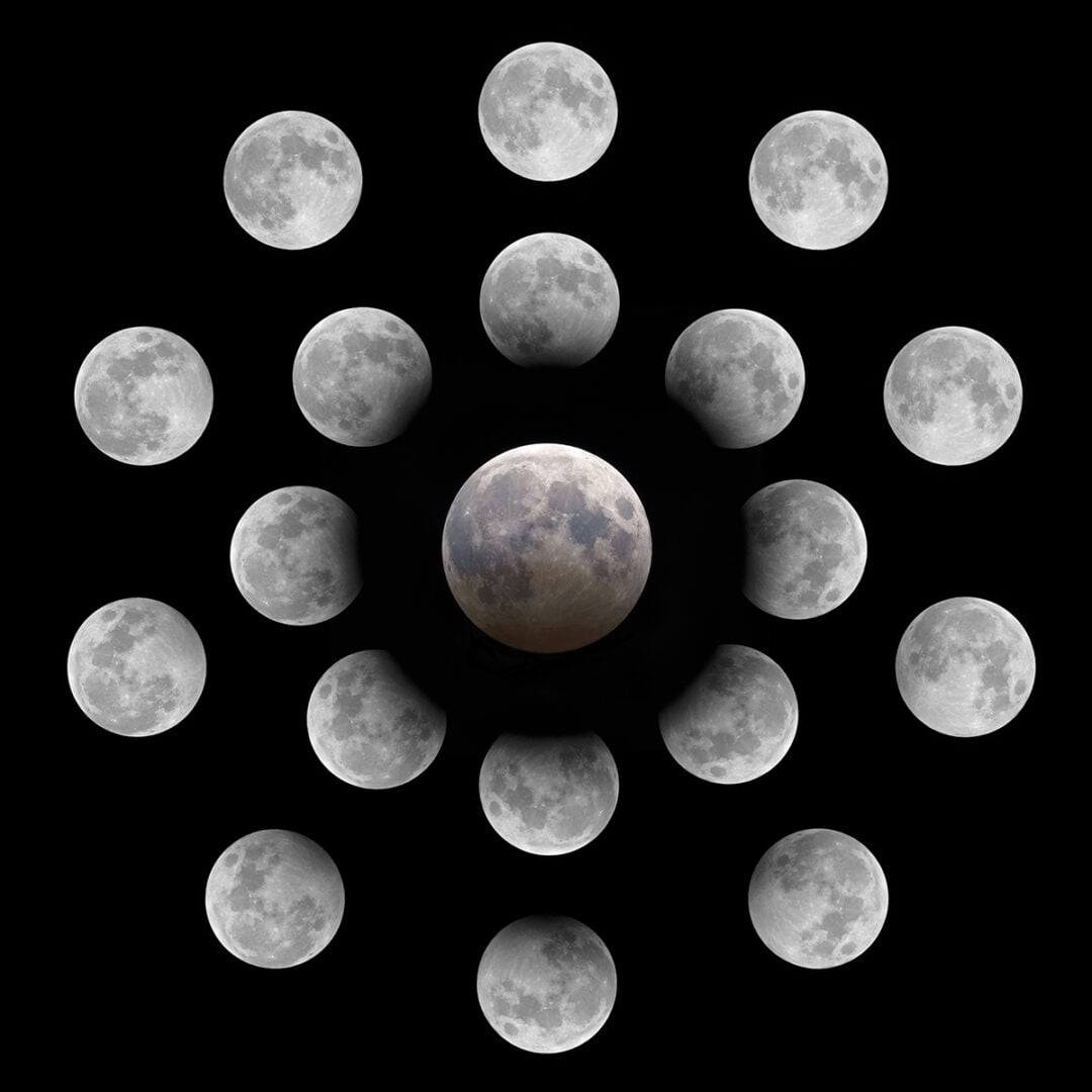 A complete sequence of a partial lunar eclipse. The outermost circle shows the penumbral stage.