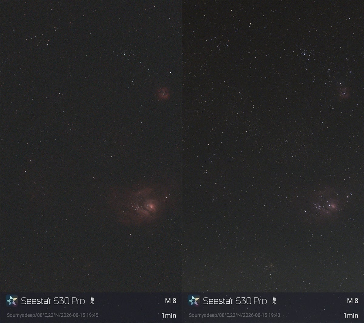 The Trifid and Lagoon nebulae with (left) and without (right) the inbuilt light-pllution filter