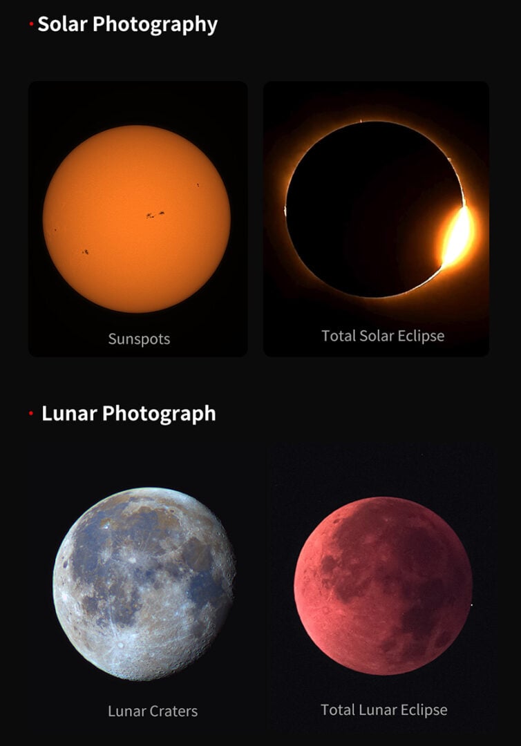 The 50mm aperture also allows for solar and lunar photography (via ZWO)