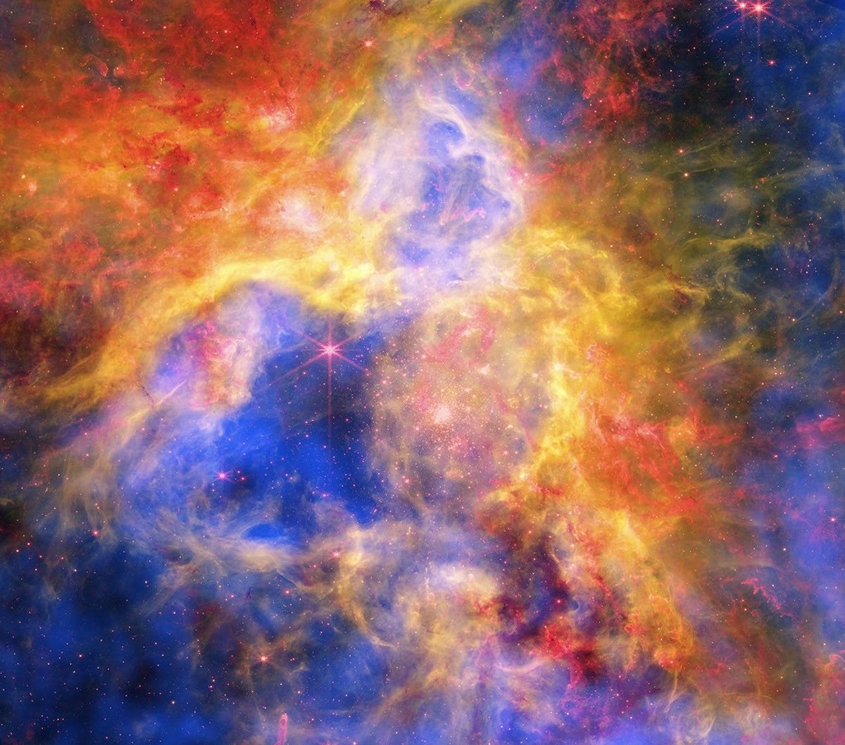 A cropped version of the composite image. Credit: X-ray: NASA/CXC/Ohio State Univ./J. Rodriguez et al; Infrared: NASA/ESA/CSA/STScI; Optical: NASA/ESA/STScI; Image Processing: NASA/CXC/SAO/P. Edmonds