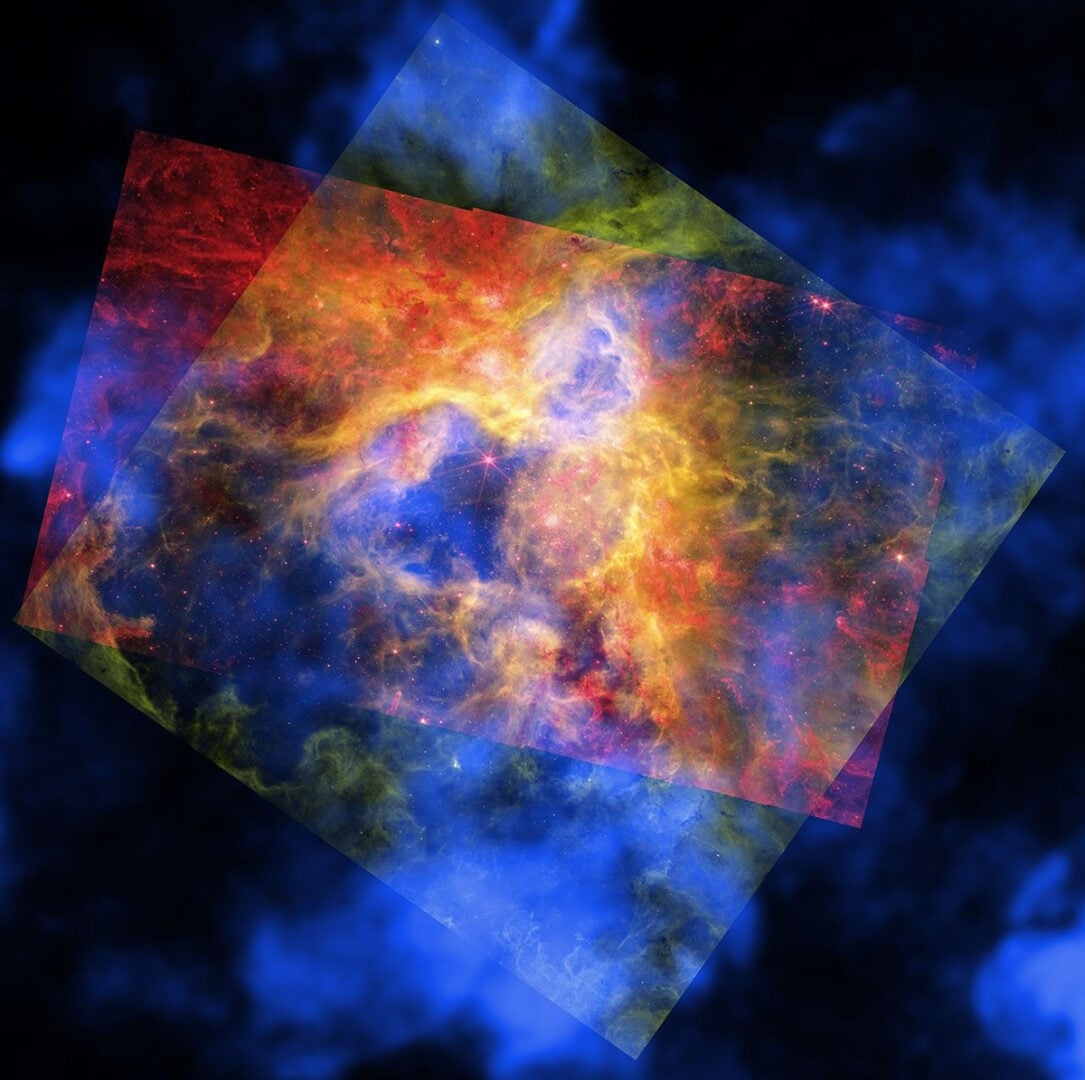 The composite image of the Tarantula Nebula, captured by the three telescopes: Chandra (x-ray), JWST (infrared), and Hubble (optical). Credit: X-ray: NASA/CXC/Ohio State Univ./J. Rodriguez et al; Infrared: NASA/ESA/CSA/STScI; Optical: NASA/ESA/STScI; Image Processing: NASA/CXC/SAO/P. Edmonds