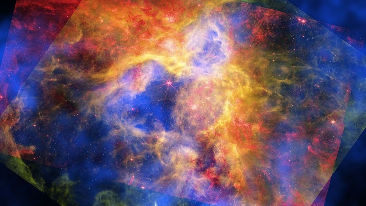 Three telescopes, Chandra, JWST, and Hubble, reveal the colours of the Tarantula Nebula cover