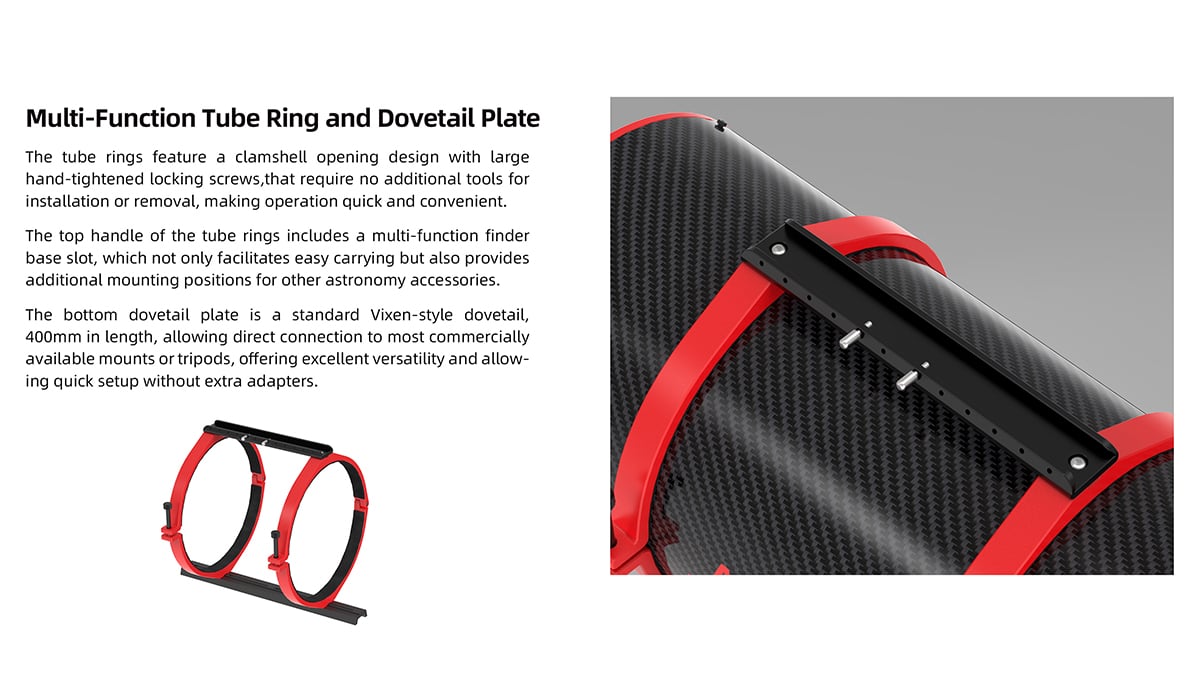 The telescope is supplied with a tube ring and 400mm dovetail plate