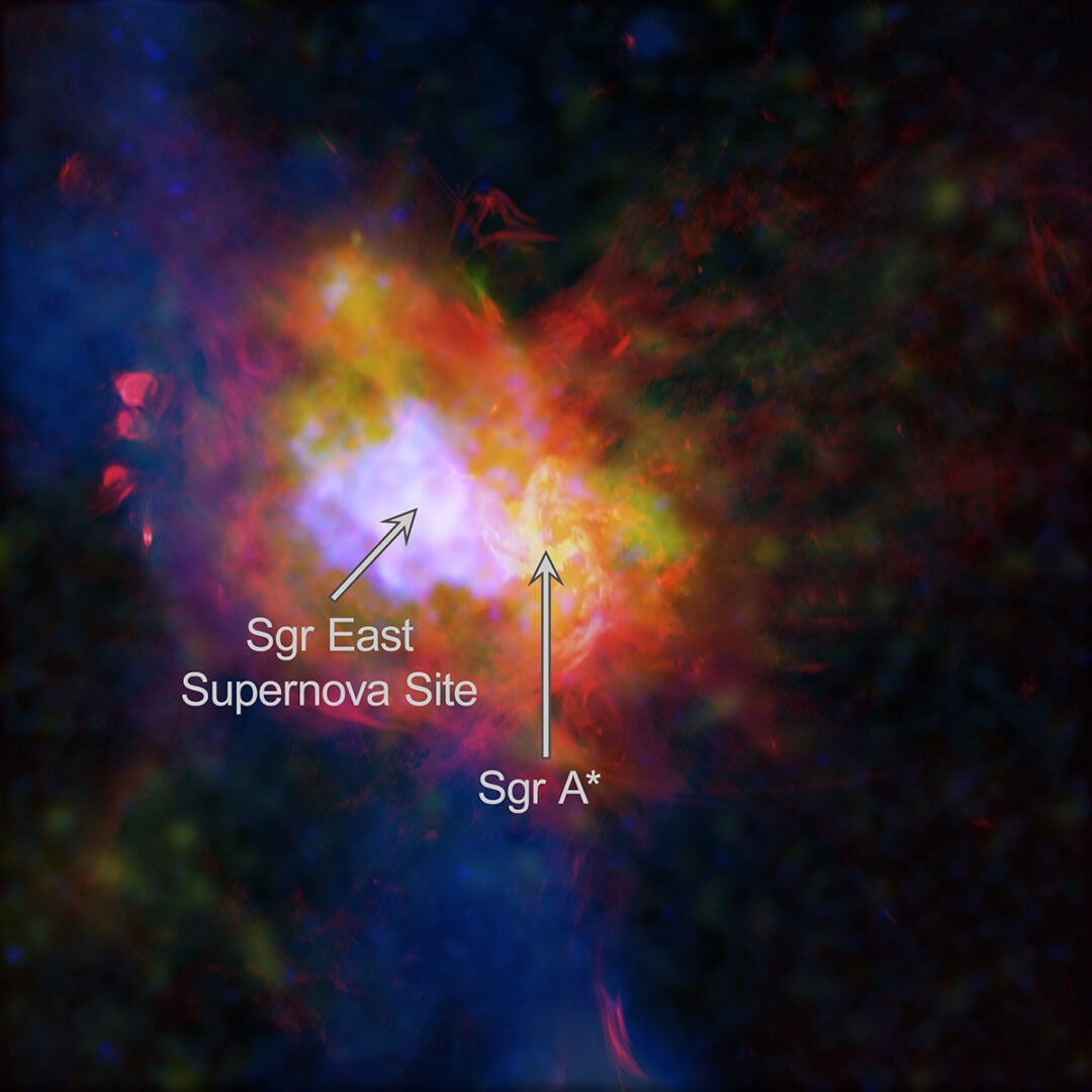 The annotations show the respective locations. Credit: X-ray: NASA/CXC/McGill Univ./M. Balakrishnan et al.; Radio: NSF/NRAO/VLA; Sub-mm: EAO/James Clerk Maxwell Telescope; Image Processing: NASA/CXC/SAO/P. Edmonds, N. Wolk