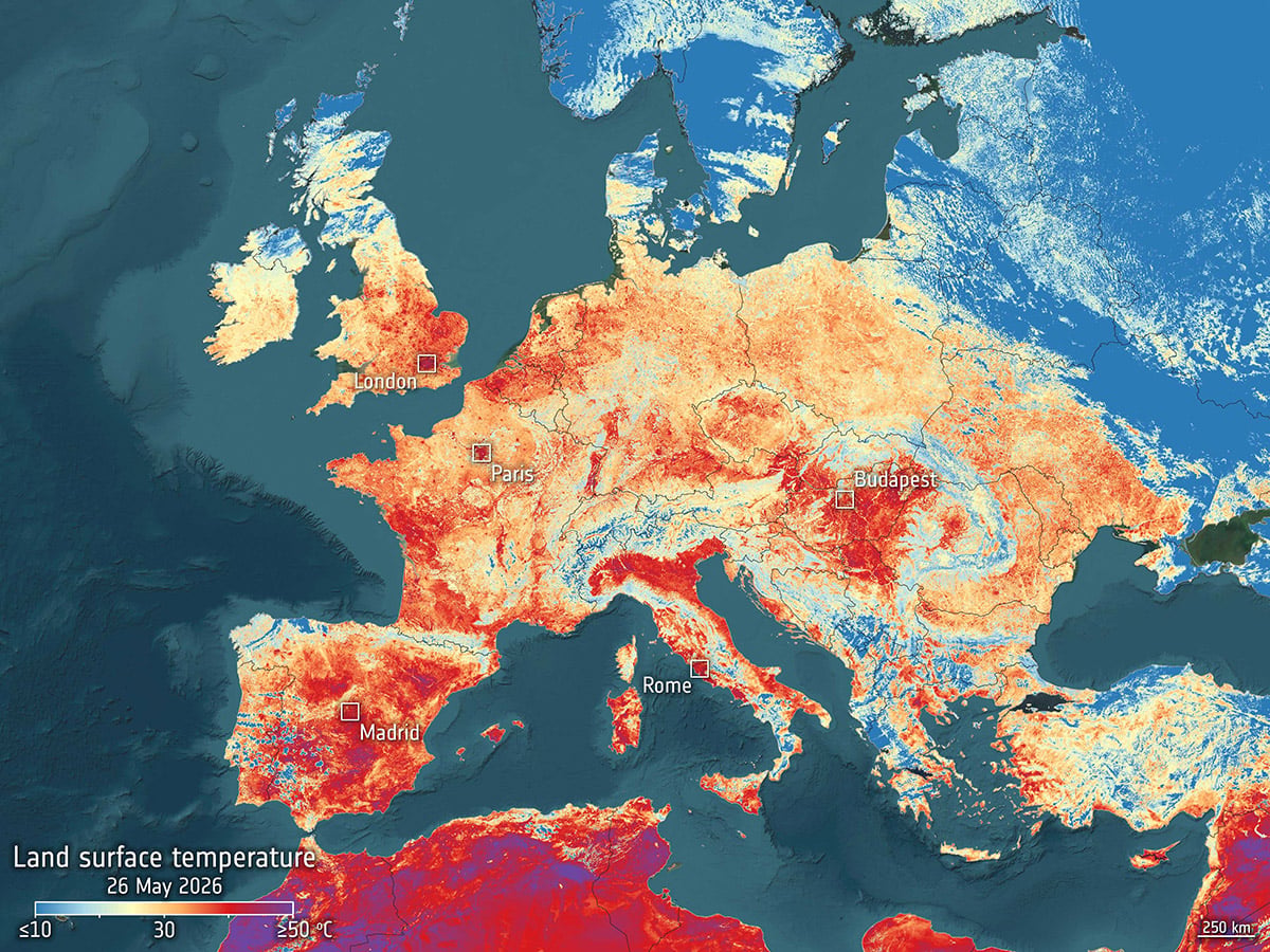 The image was captured by the Copernicus Sentinel-3 mission on Tuesday, 26 May. Sentinel-3’s radiometer captures data over land and sea. Credit: contains modified Copernicus Sentinel data (2026), processed by ESA