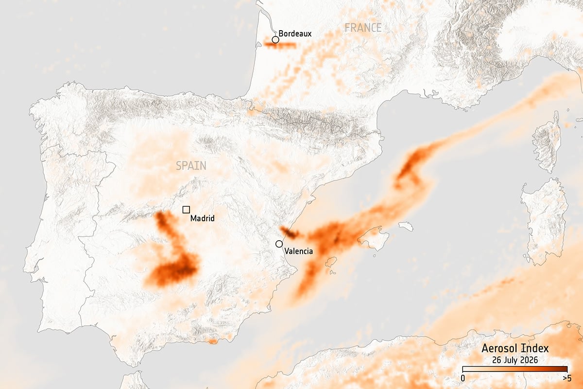 This image, based on data from the Copernicus Sentinel-5P satellite, captured on 26 July, shows the aerosol index over Spain and France, after days of wildfire spread through dry countryside. Credit: contains modified Copernicus data (2026), processed by ESA