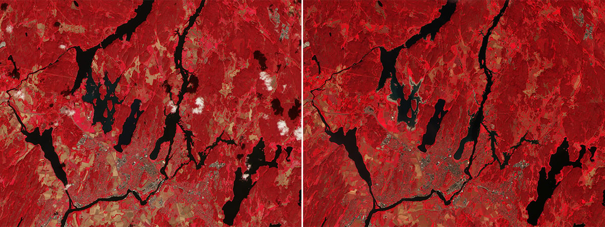 These Copernicus Sentinel-2 images over southeast Norway show the reduced water levels along the country’s longest river, the Glomma, and Sarp Falls. Credit: contains modified Copernicus Sentinel data (2026), processed by ESA