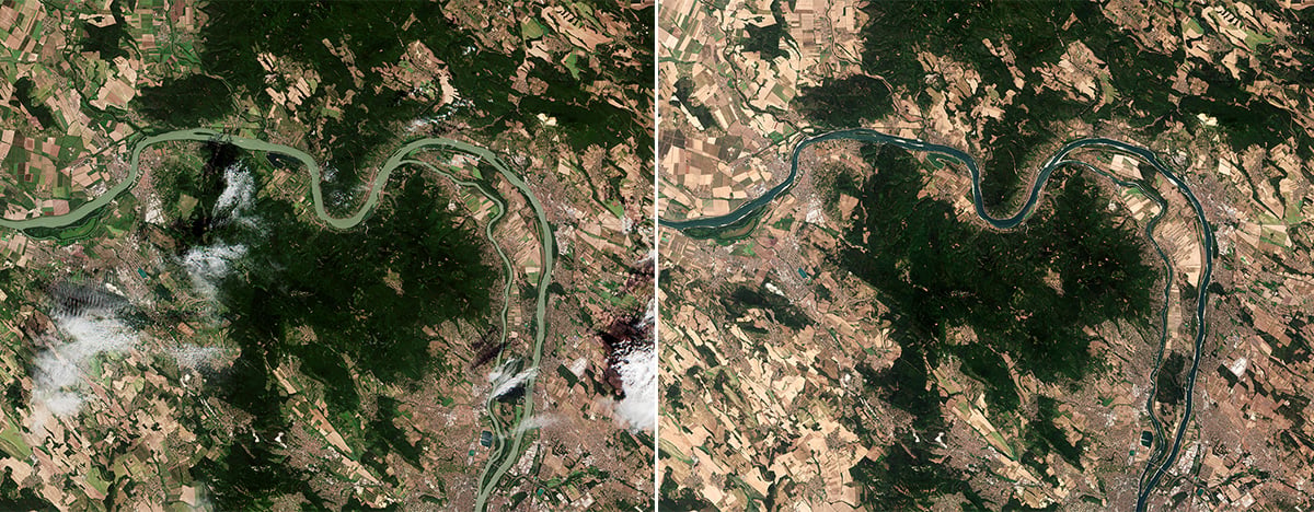 These Copernicus Sentinel-2 images show a stretch of the Danube River about 45 km north of the Hungarian capital, Budapest. Credit: contains modified Copernicus Sentinel data (2025/26), processed by ESA
