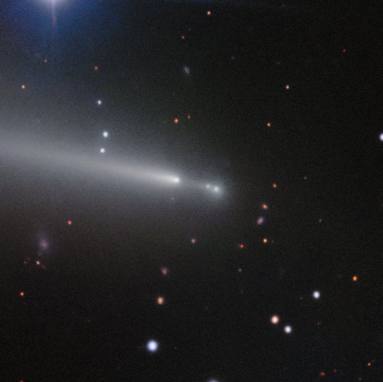 A close-up (cropped) view of the comet fragments in the new color image captured by Gemini North. Credit: International Gemini Observatory/NOIRLab/NSF/AURA/B. Bolin