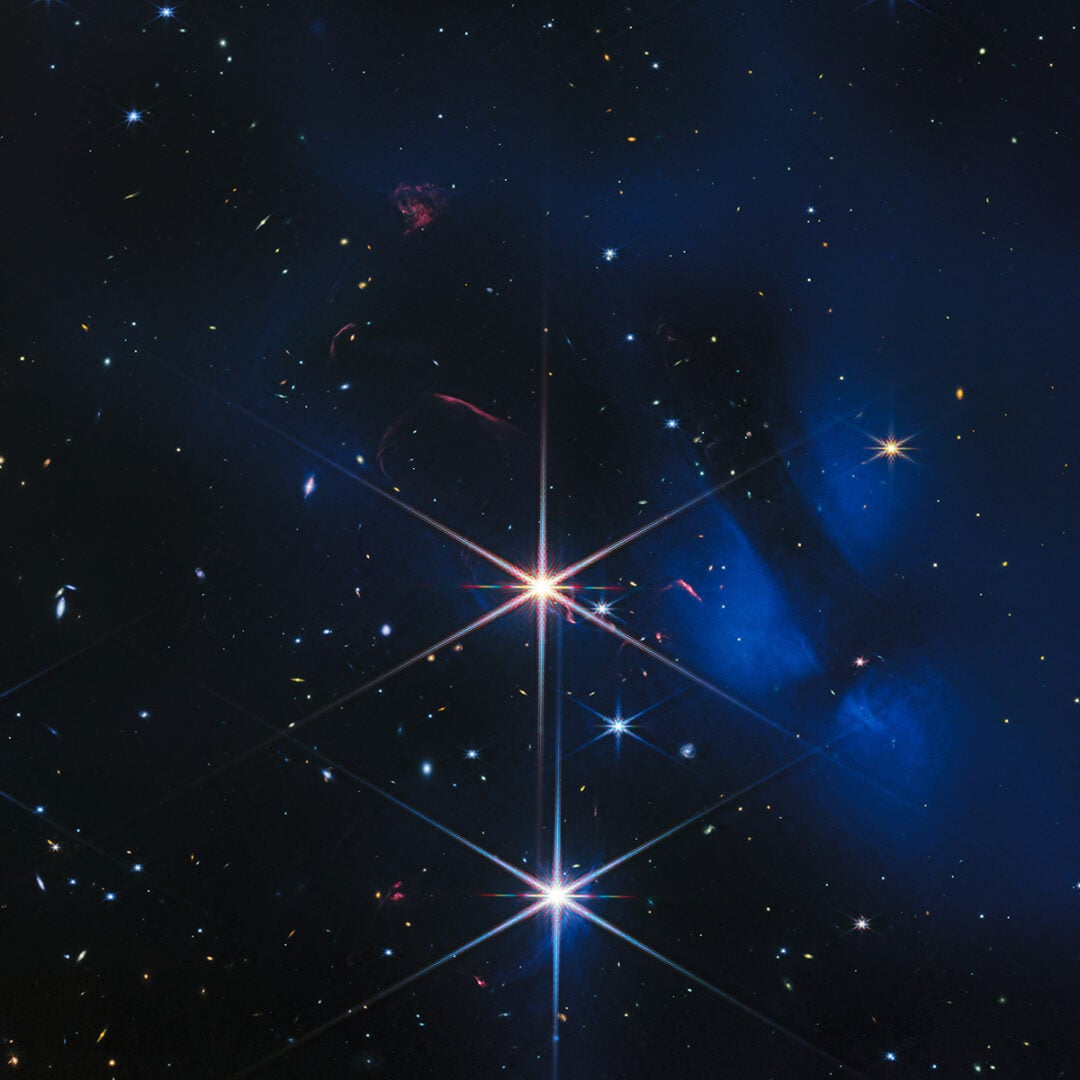 This cropped image showcases a portion of the larger IC 348 field to highlight two stars on the outskirts of the nebula. Credit: ESA/Webb, NASA, CSA, K. Luhman, C. Alves De Oliveira, M. Zamani (ESA/Webb)