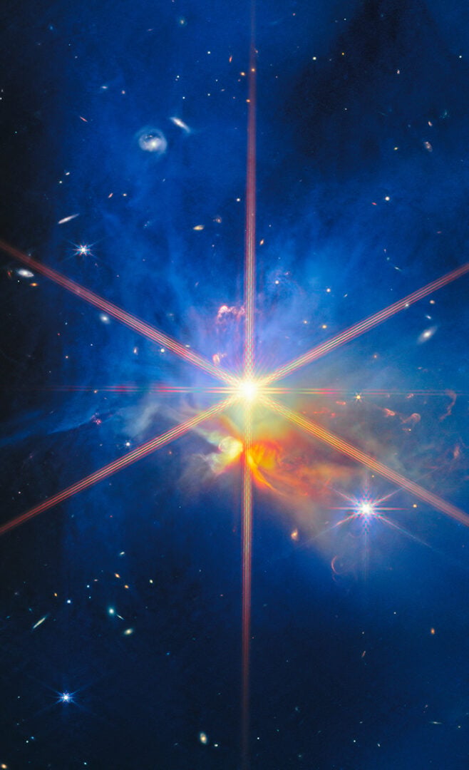 This image showcases a portion of the larger IC 348 field to highlight two stars embedded within a cloud of gas and dust. Credit: ESA/Webb, NASA, CSA, K. Luhman, C. Alves De Oliveira, M. Zamani (ESA/Webb)
