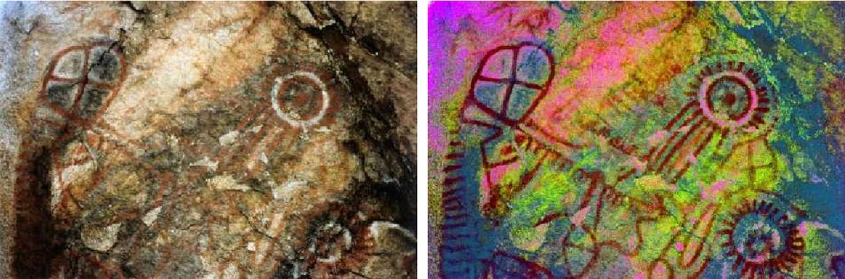 An image from Burham Canyon. Left: original. Right: CRGB. Note the small creature at the left center, brought out by the enhancement. Credit: John G. Harman (2007)