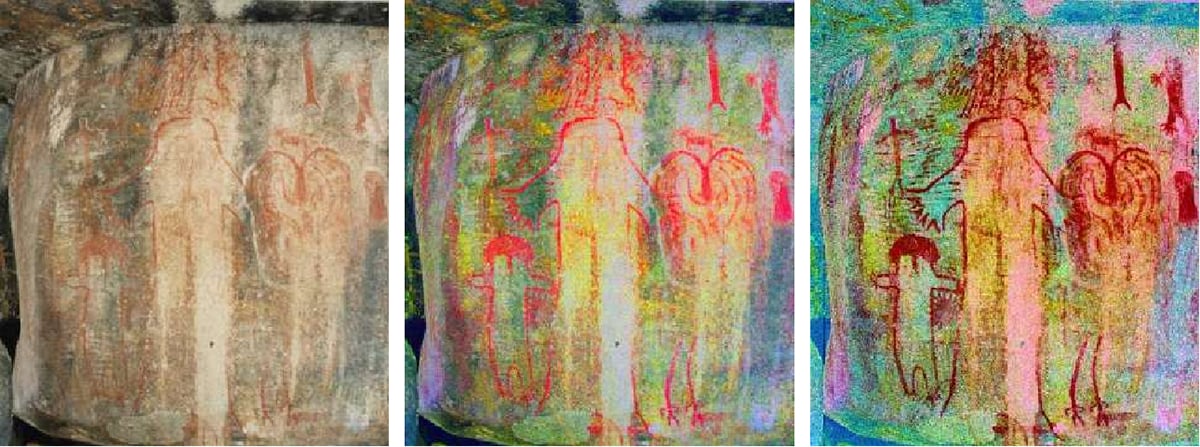 Tule River Painted Rock. Left: original; Center: decorrelation stretch YDS mapped back; Right: CRGB. Credit: John G. Harman (2007)