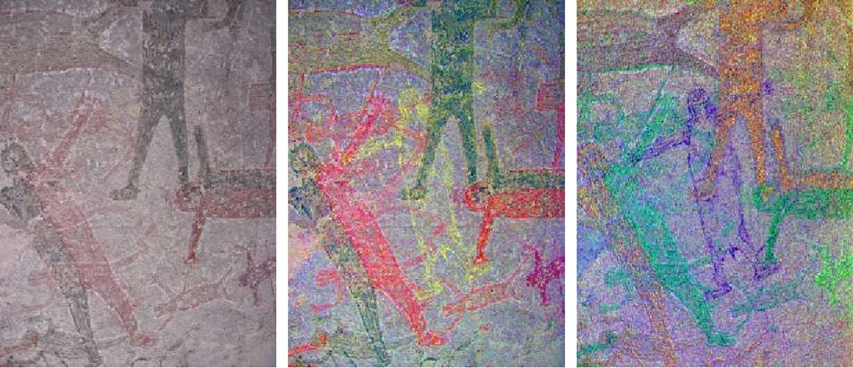 An image from Cueva San Borjita, Baja California Sur. Left: original; Center: decorrelation stretch YDS mapped back; Right: decorrelation stretch RGB, not mapped back, hue shifted. Credit: John G. Harman (2007)