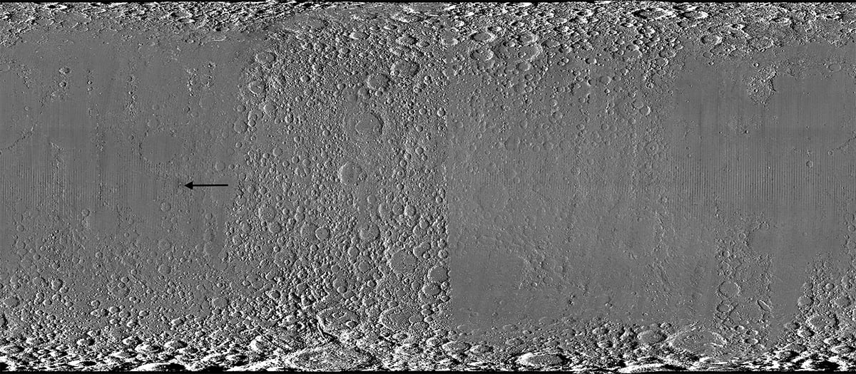 A global view of the moon made with LRO's images. The arrow points to the location of the McGetchin crater. Credit: NASA Goddard/Intuitive Machines/Robert Wagner