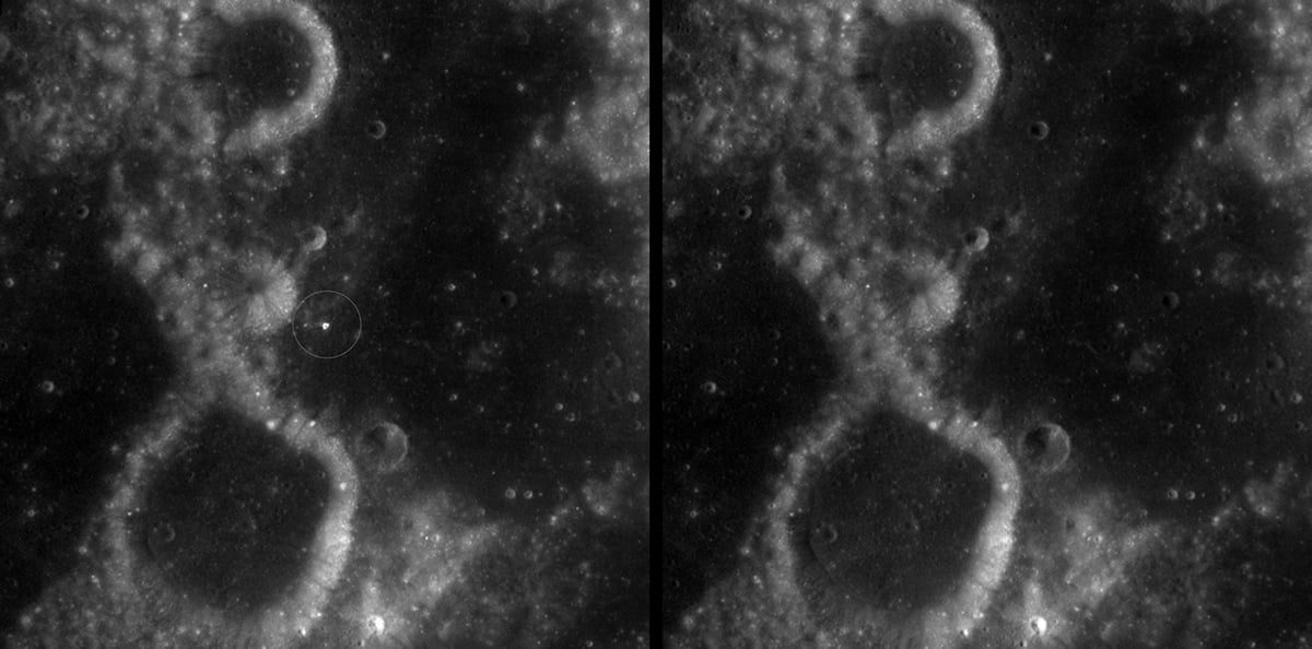 A before (right) and after view of the McGetchin crater captured by NASA’s Lunar Reconnaissance Orbiter Wide-Angle Camera in summer 2025. Credit: NASA Goddard/Intuitive Machines/Robert Wagner