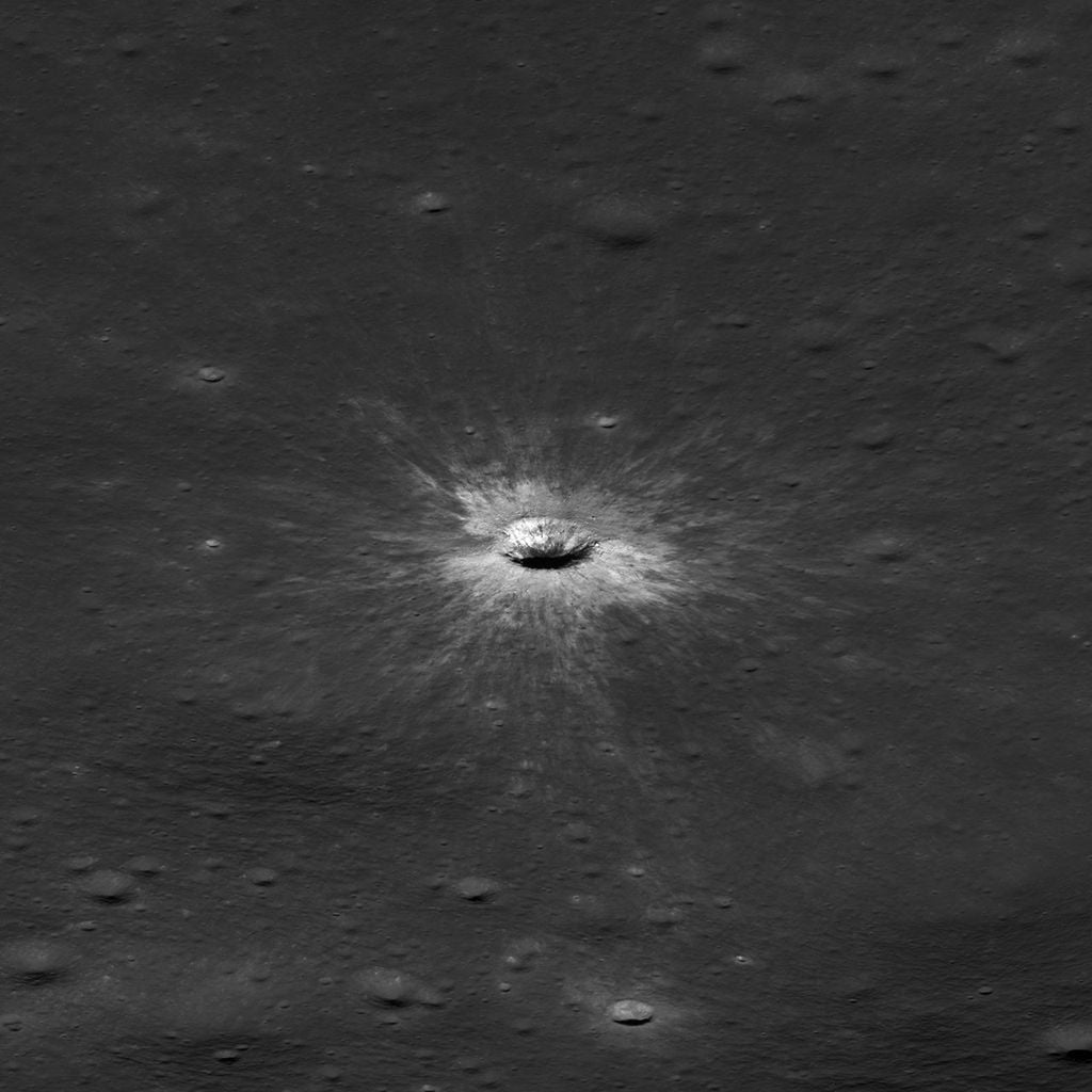 LRO's Narrow-Angle Camera captured this view of the crater from an angle of about 55 degrees from vertical. Credit: NASA Goddard/Intuitive Machines/Robert Wagner