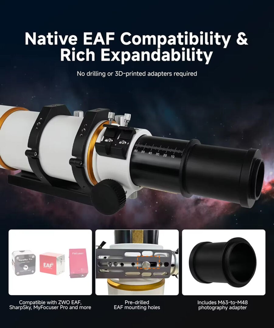 The telescope is compatible with electronic auto focusers