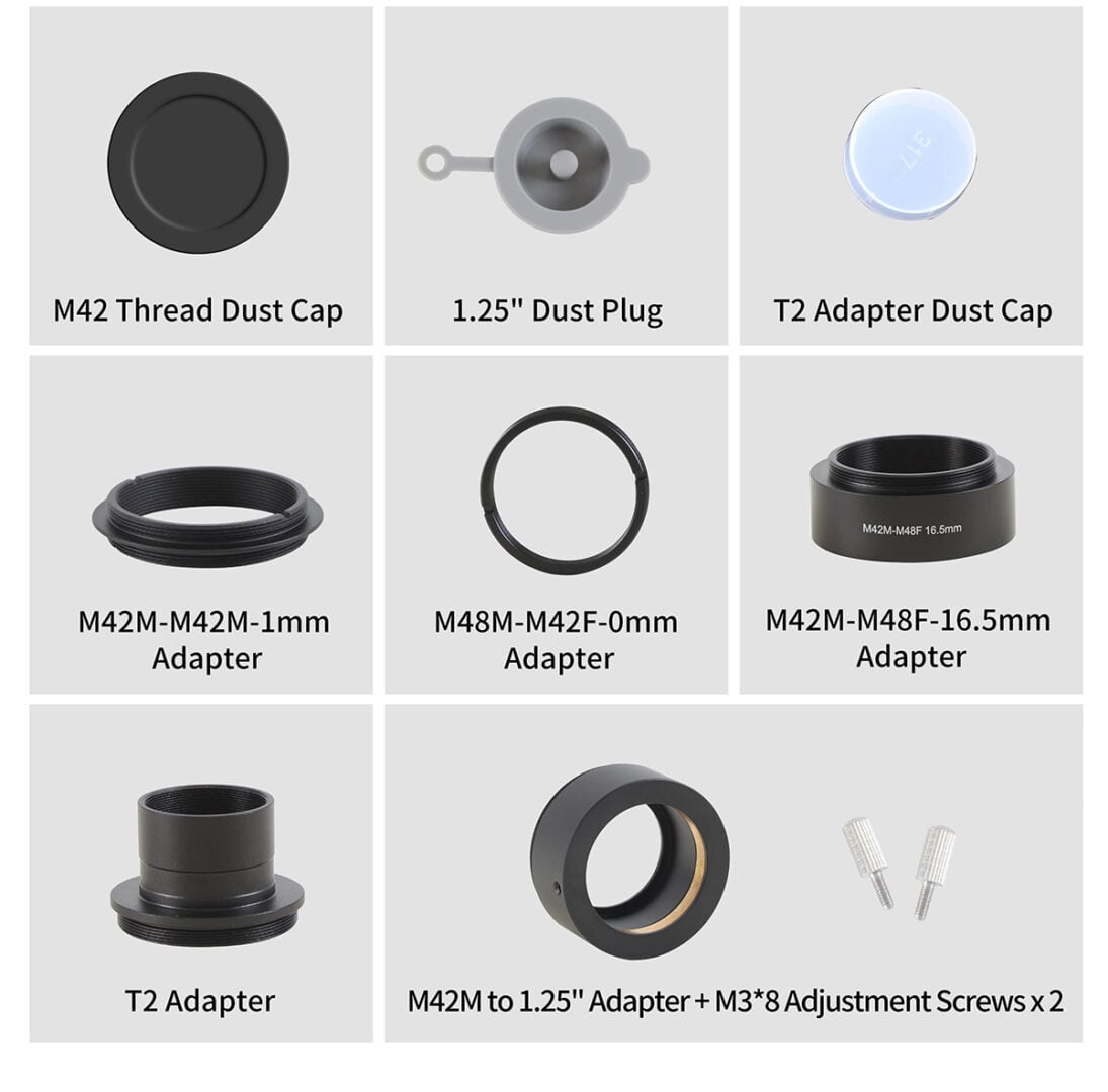 The package includes several connectors and accessories
