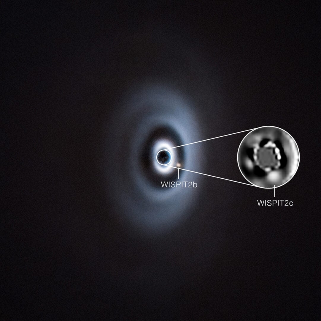 Very Large Telescope's image of WISPIT 2b and WISPIT 2c. Credit: ESO/C. Lawlor, R. F. van Capelleveen et al.