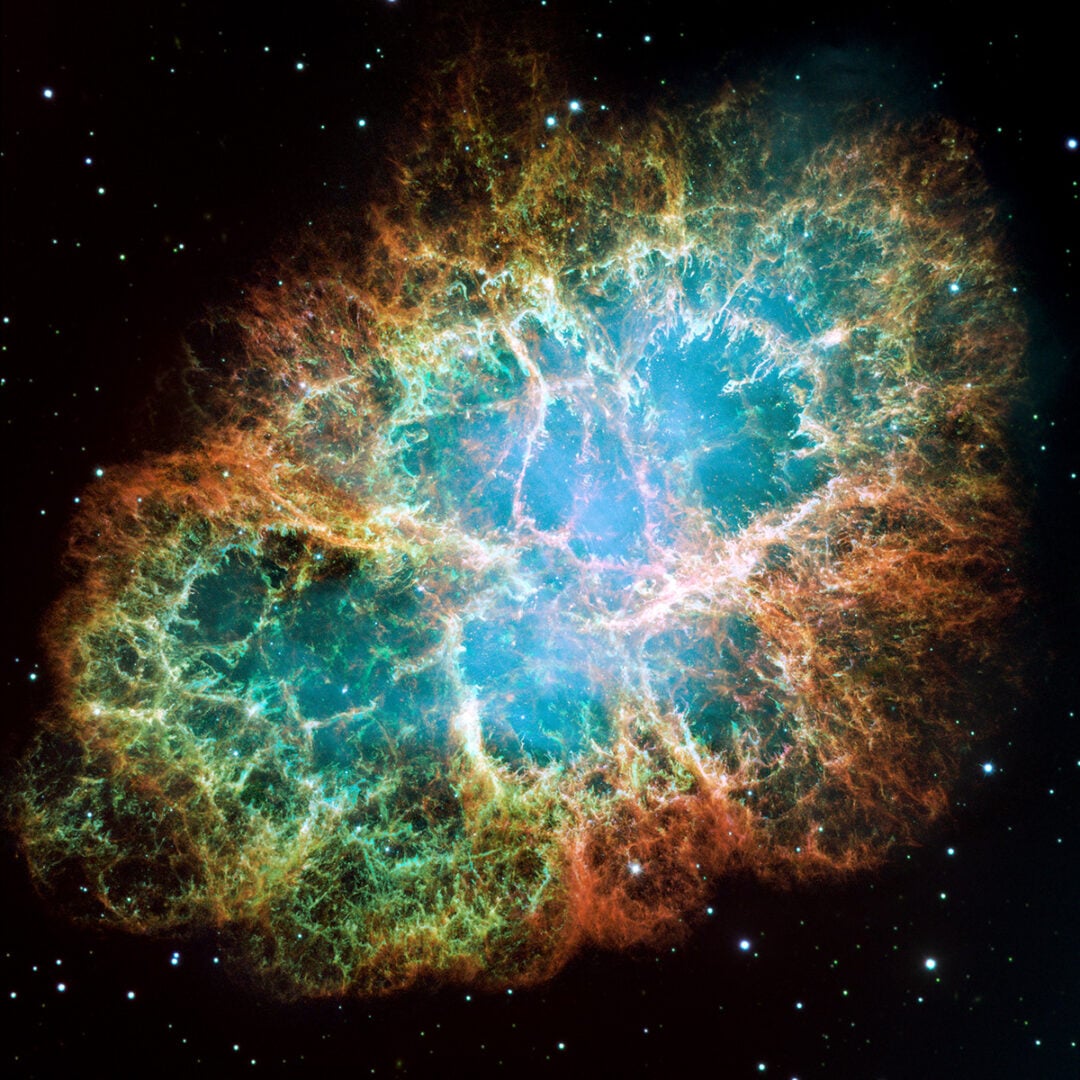 Hubble's view of the Crab Nebula, captured in 2000. Credit: NASA, ESA, and Allison Loll/Jeff Hester (Arizona State University). Acknowledgement: Davide De Martin (ESA/Hubble)