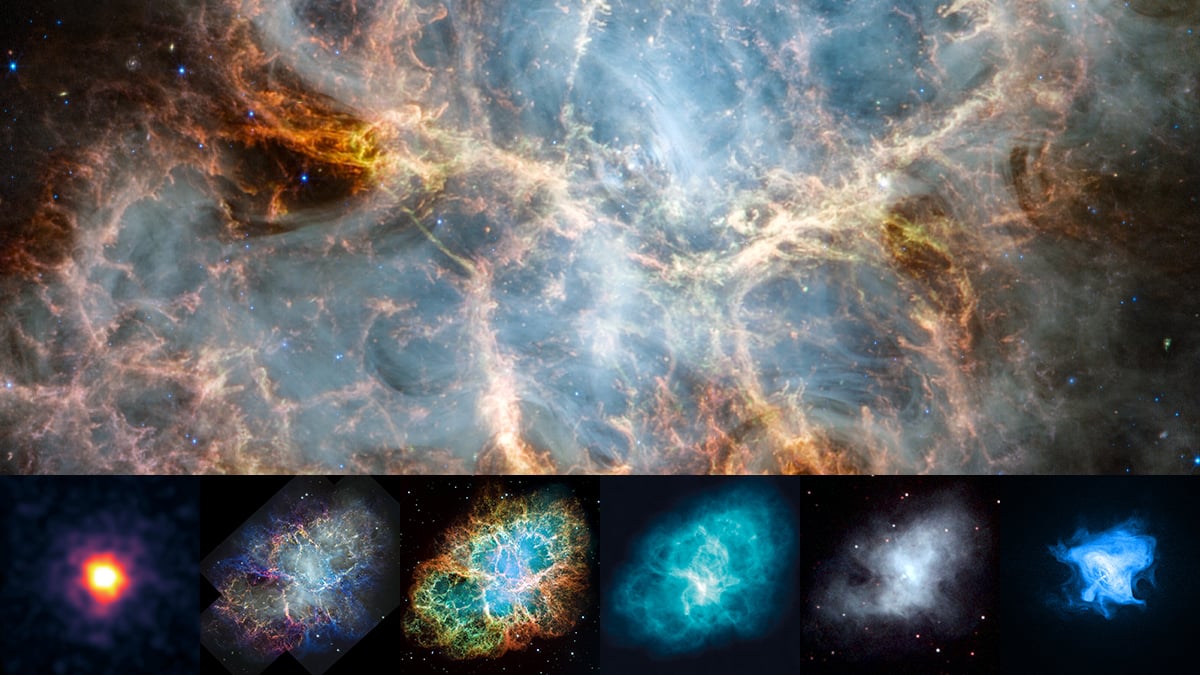 These are the six different views of the Crab Nebula captured by six telescopes cover
