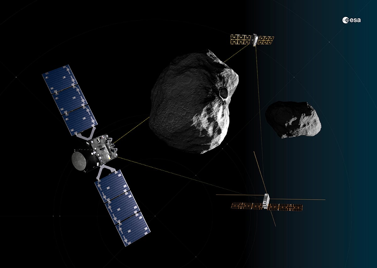 Artist's impression of the Hera spacecraft and the binary asteroid system. Credit: ESA-Science Office