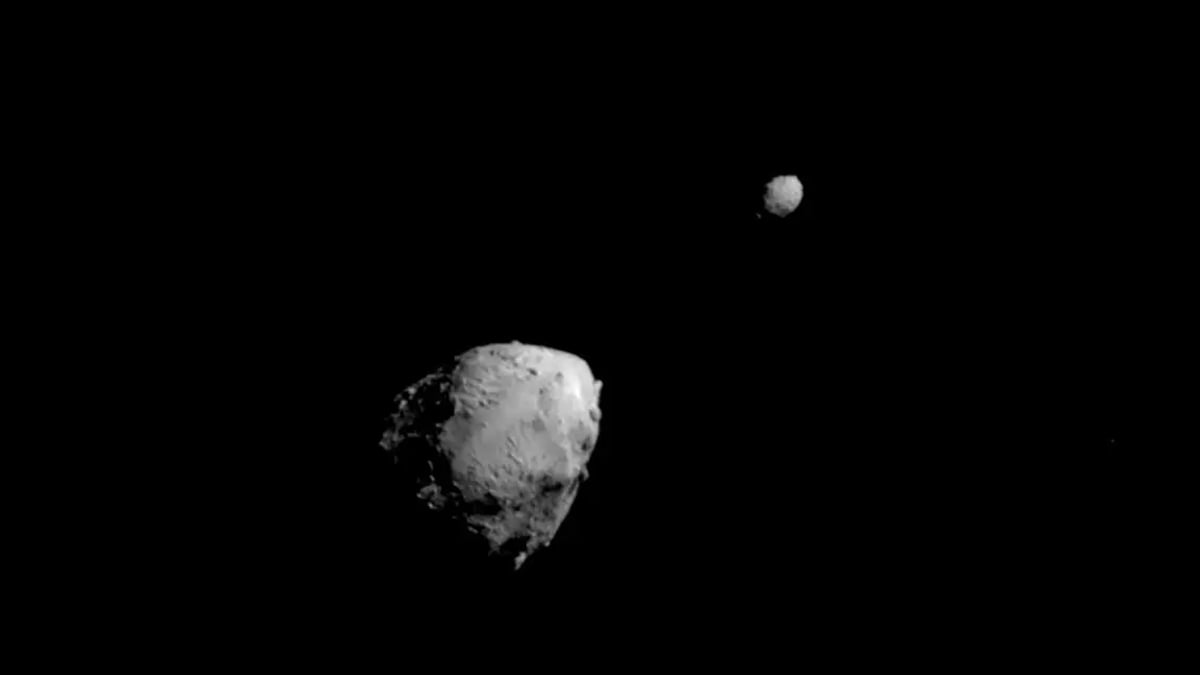 The binary asteroid system: Didymos and Dimorphos, captured by NASA's DART mission. Credit: NASA/Johns Hopkins APL