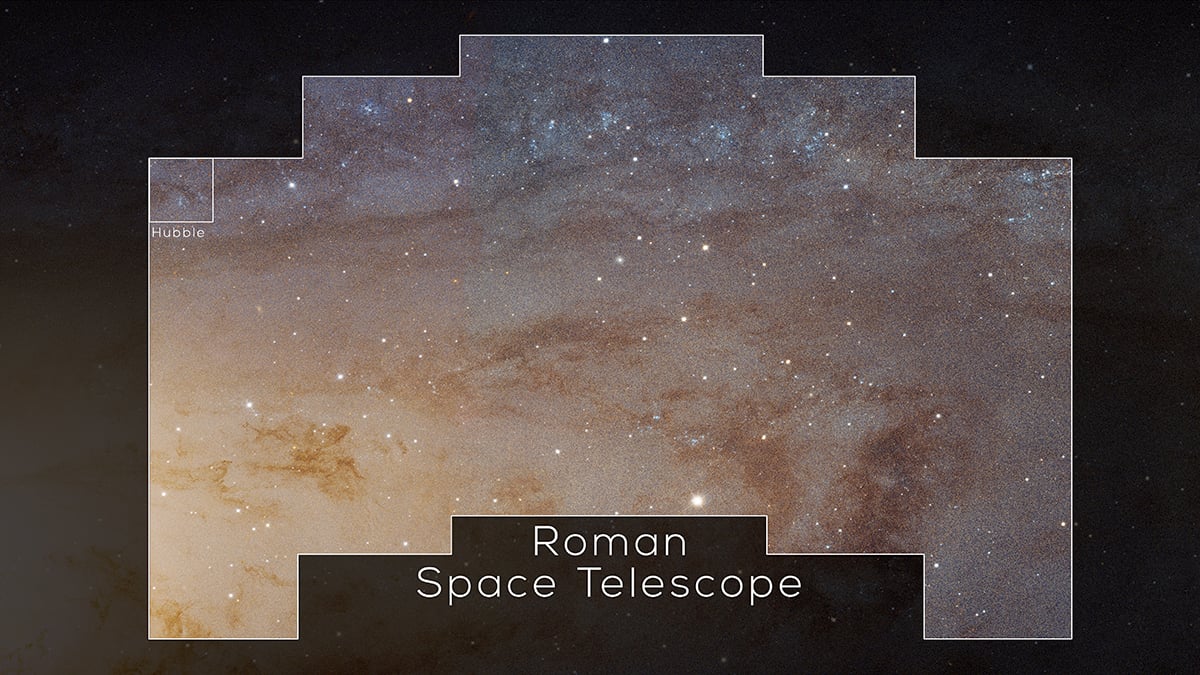 This image compares the relative field of view of Hubble's Advanced Camera for Surveys to that of Roman's Wide Field Instrument on Hubble's mosaic of the Andromeda Galaxy. Credit: NASA, ESA, J. Dalcanton, B.F. Williams, and L.C. Johnson (University of Washington), the PHAT team, R. Gendler, and S. Wiessinger (NASA GSFC)
