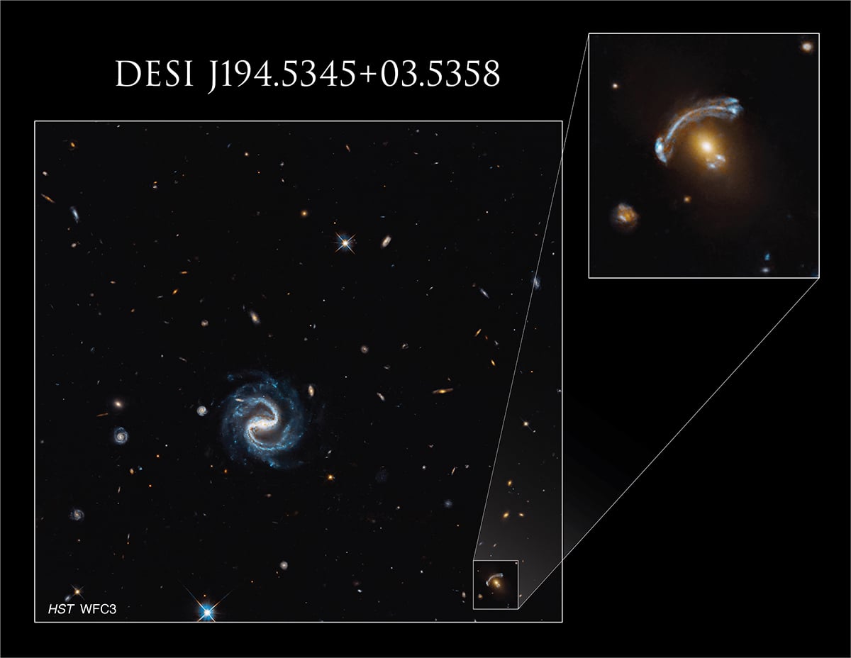 The background galaxy, magnified and made visible by this gravitational lens, appears twice in this image. Credit: NASA, ESA, and X. Huang (University of San Francisco)