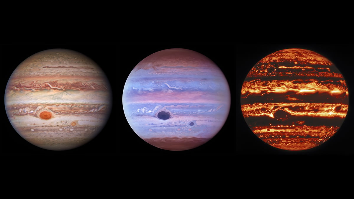 Hubble and Gemini North telescopes show Jupiter in three different wavelengths cover