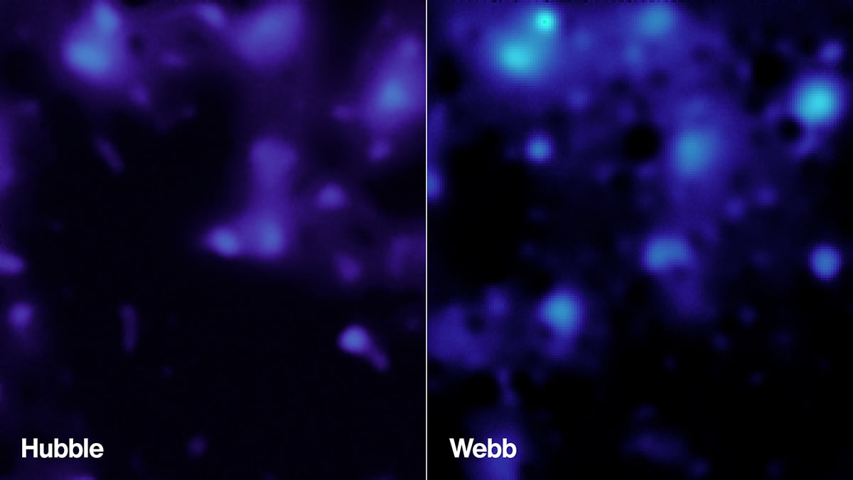 These images show the presence of dark matter in the same region of sky, created using data from NASA’s Webb telescope in 2026 (right) and from the Hubble Space Telescope in 2007 (left). Credit: NASA/STScI/A. Pagan