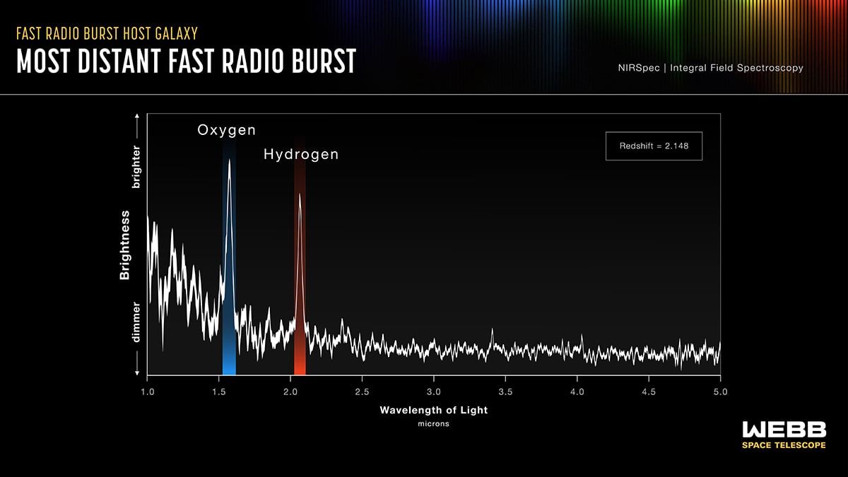 The spectrum of the host galaxy behind the most distant Fast Radio Burst ever found. Credit: NASA, ESA, CSA, J. Olmsted (STScI). Science: M. Caleb (SIfA)