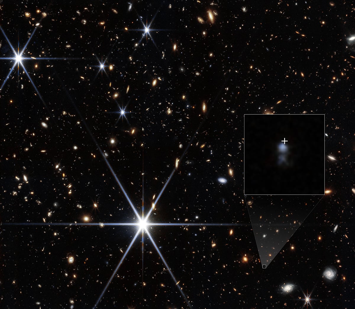 The James Webb Space Telescope’s NIRCam was able to detect the host galaxy of the fast radio burst called FRB 20240304B, whose location is shown by the white cross. Credit: NASA, ESA, CSA, STScI, T. Nanayakkara (USYD). Image Processing: J. DePasquale (STScI)