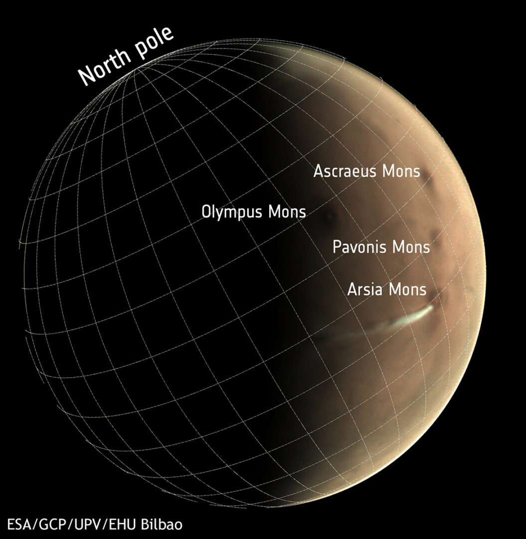 This image of the cloud was captured by Mars Express's Visual Monitoring Camera (VMC). Credit: ESA/GCP/UPV/EHU Bilbao