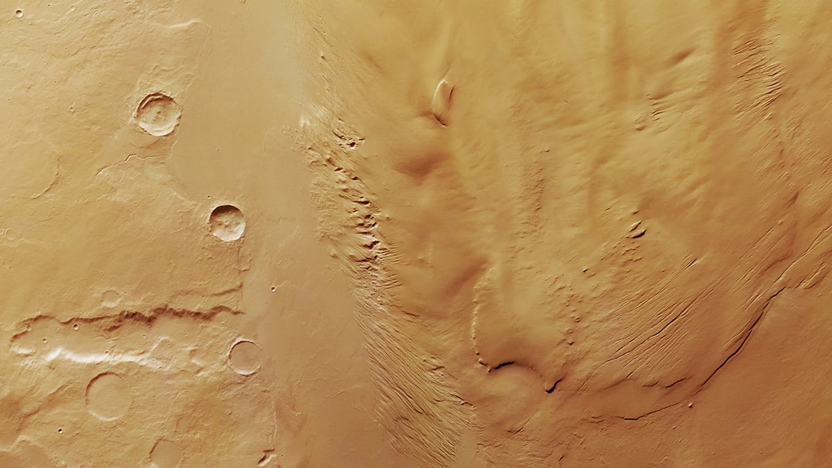 This Martian landscape is shaped by lava and wind cover