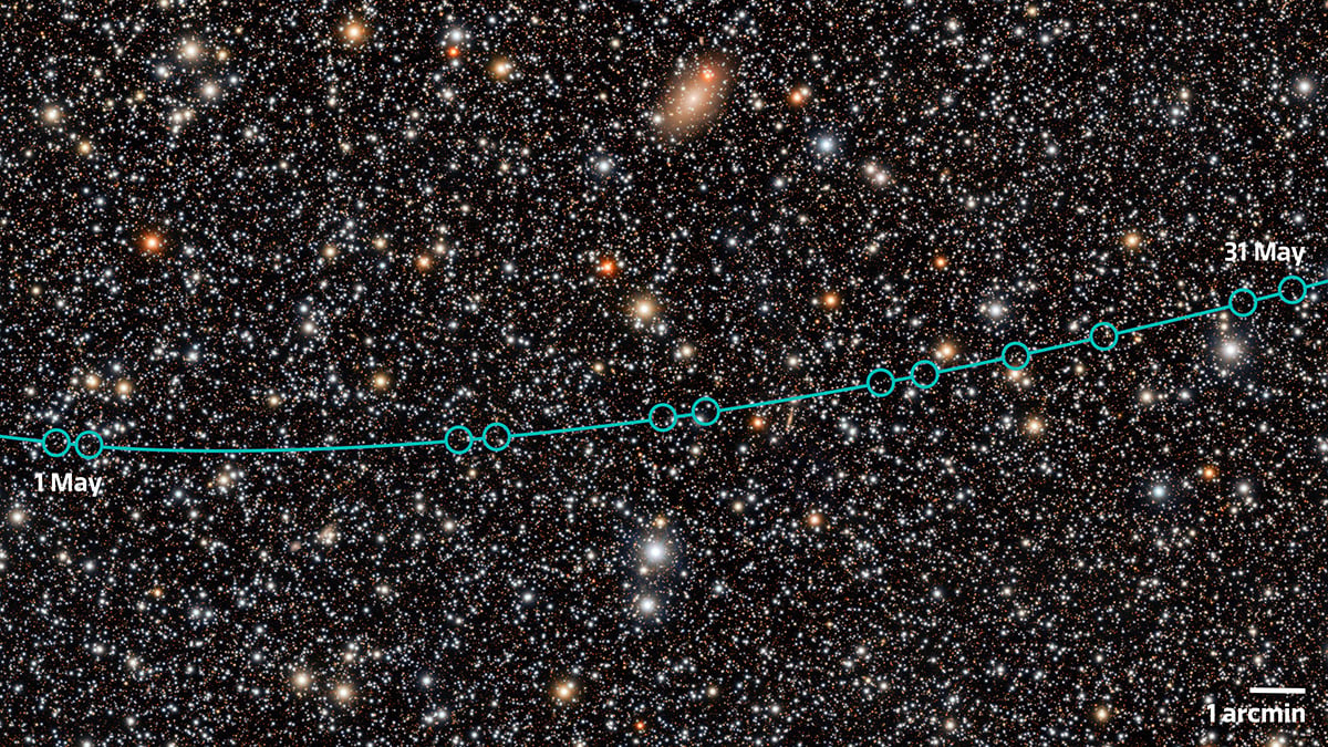 This image shows a portion of the orbital pathway of newly discovered dwarf planet candidate 2026 ED138 (ED138), as observed by the Vera C. Rubin Observatory between 1 and 31 May 2026. Credit: NSF–DOE Vera C. Rubin Observatory/NOIRLab/SLAC/AURA