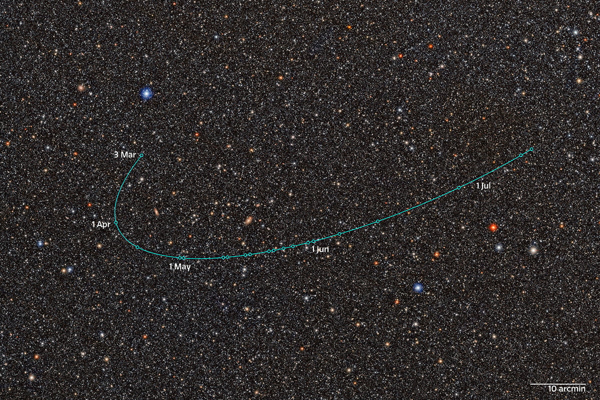 This image is a composite of multiple images captured by Rubin between 4 March and 11 July 2026 at intervals indicated by the teal circles. Credit: NSF–DOE Vera C. Rubin Observatory/NOIRLab/SLAC/AURA