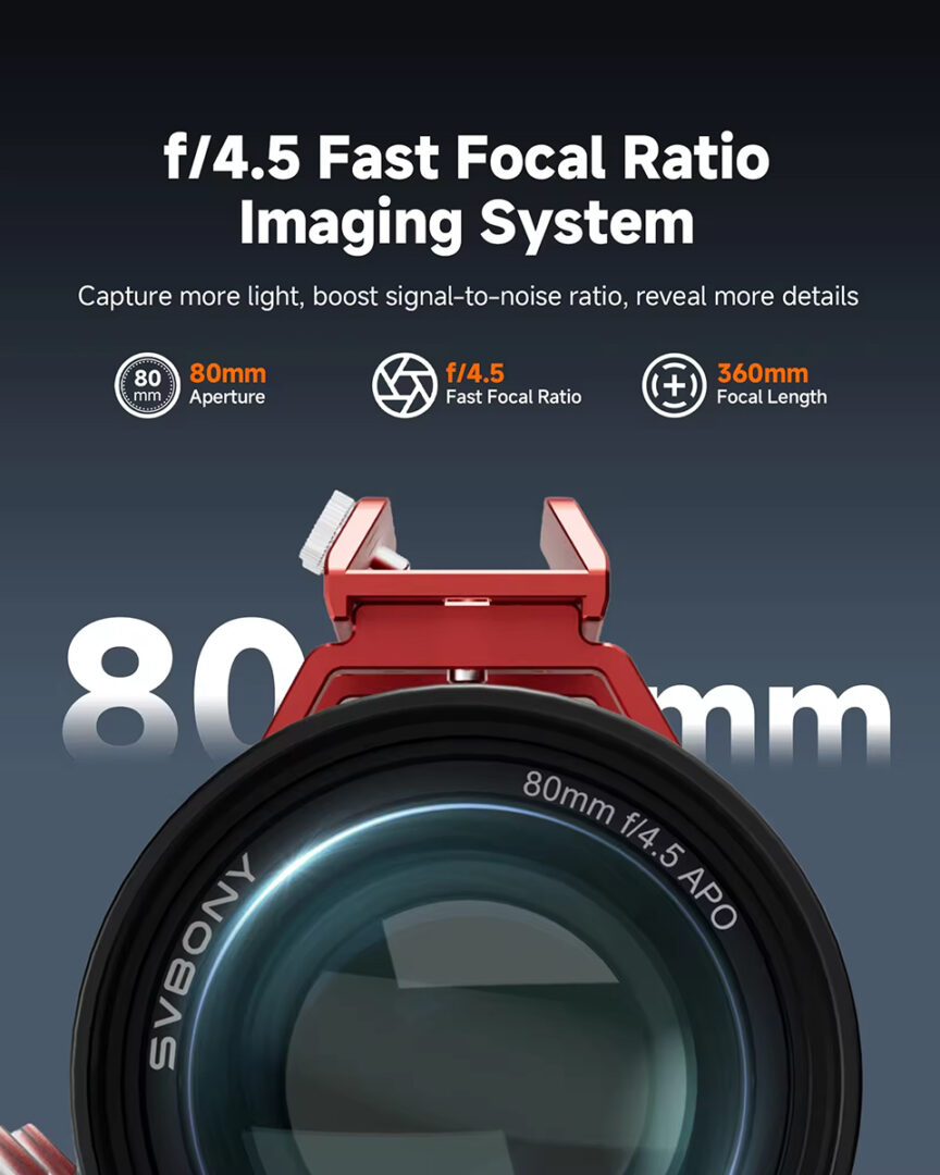 The telescope has an aperture of 80mm with a focal ratio of f/4.5