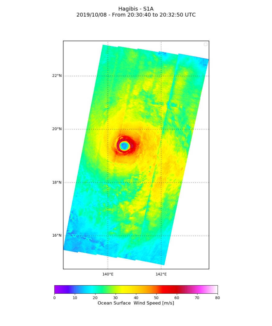 Image of Typhoon Hagibis by the Sentinel-1 satellite. Credit: Copernicus Sentinel data (2019), processed by IFREMER